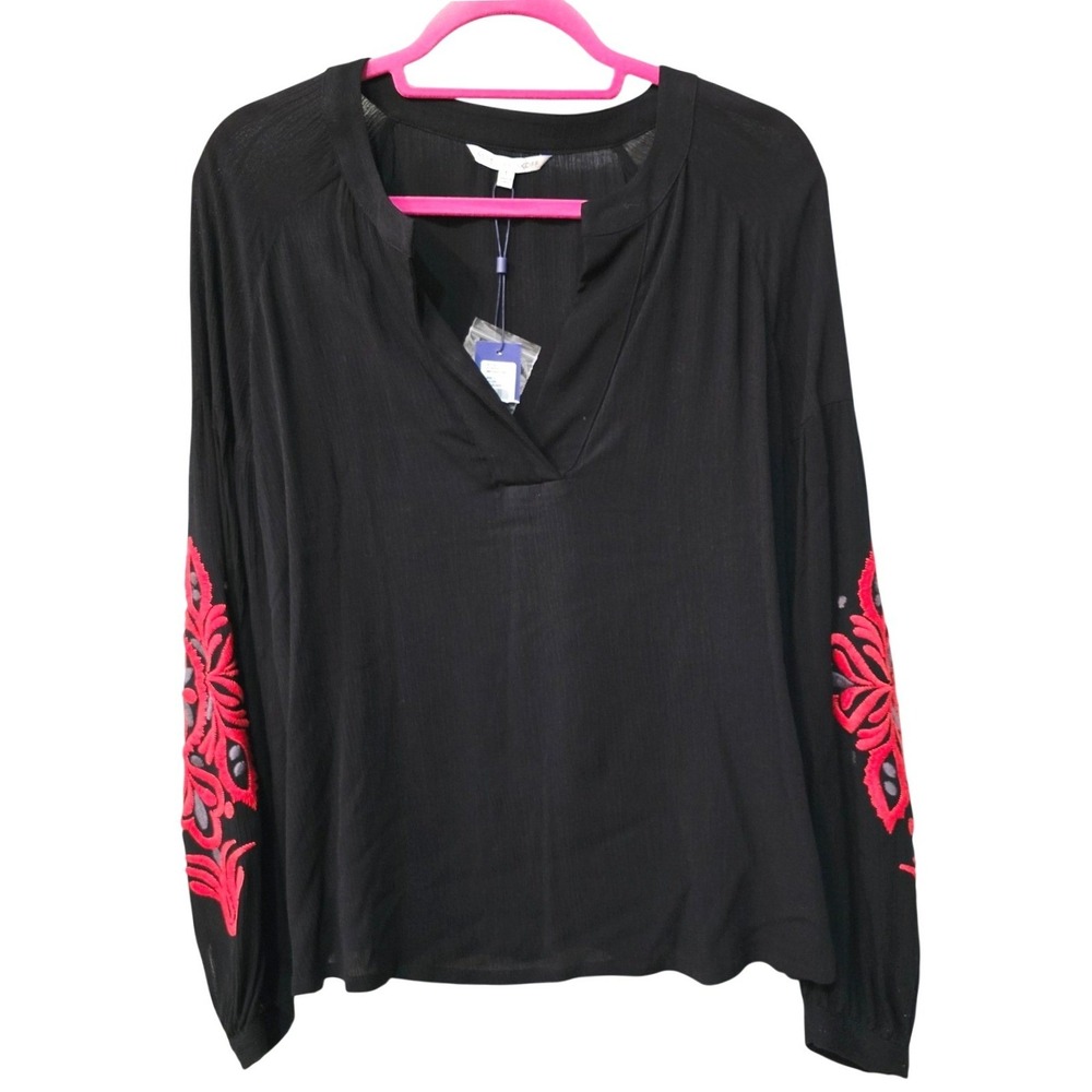 NWT Rebecca Minkoff Bethany Top Black Embroidered Sleeve‎ V-Neck Boho L
